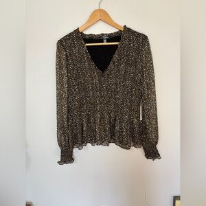 Aqua Peplum top size xl black gold glitter smocked mutton NWT